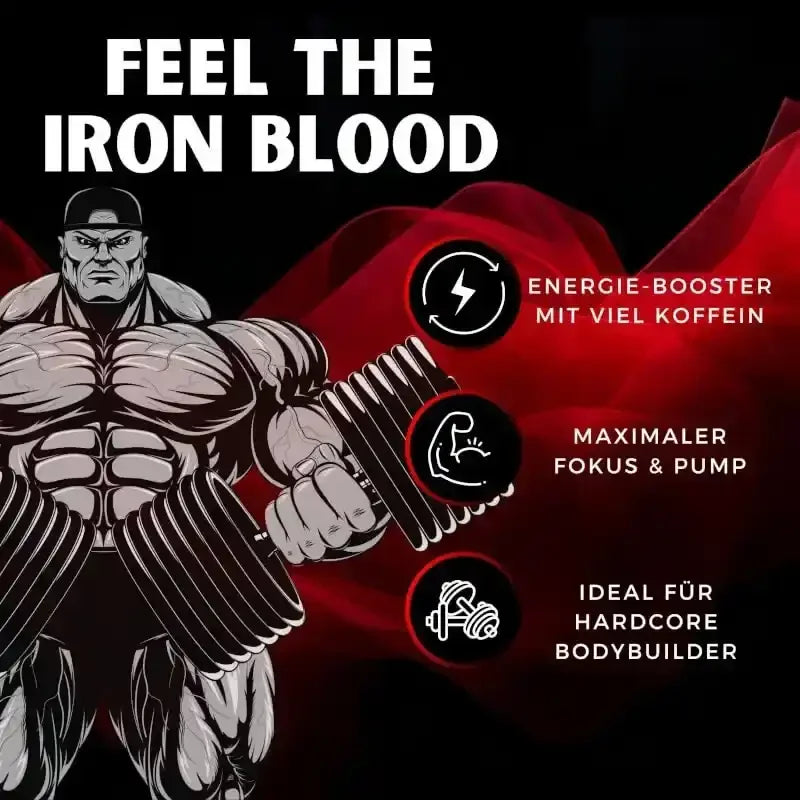Illustration eines muskulösen Bodybuilders mit Hanteln, Text zu Trainingsbooster, Energie, Fokus und Pump