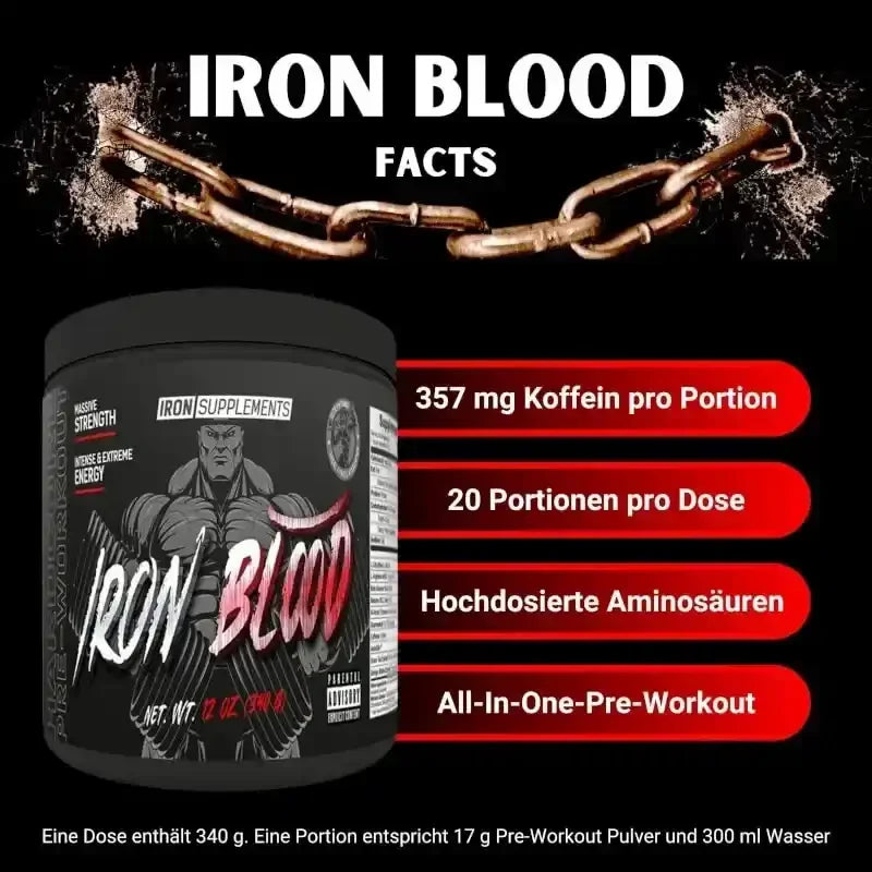 Iron Blood Pre-Workout Pulver Dose mit Fakten zu Koffein, Aminosäuren und Portionen auf schwarzem Hintergrund