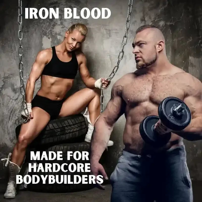 Muskelbepackter Mann mit Hantel und sportliche Frau mit Reifen, Trainingsbooster Iron Blood Werbung