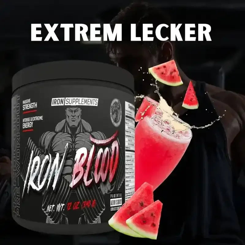 Iron Blood Trainingsbooster Dose mit Wassermelonengeschmack und Sportmotiv, Text extrem lecker