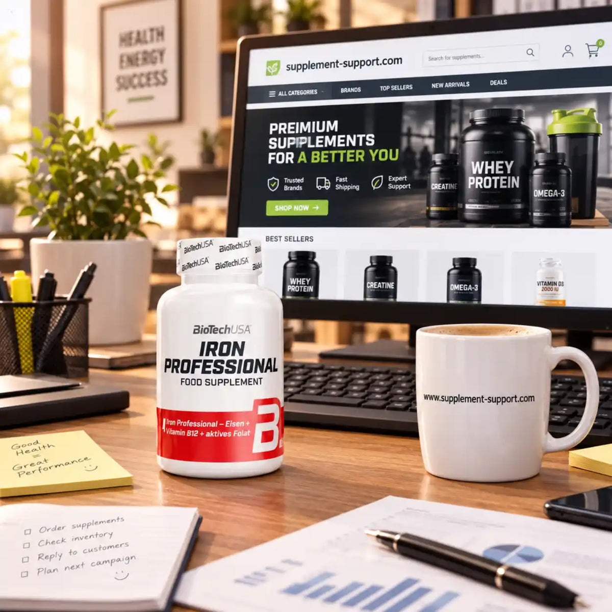 BioTech USA Iron Professional Nahrungsergänzung auf einem Schreibtisch vor einem Computerbildschirm
