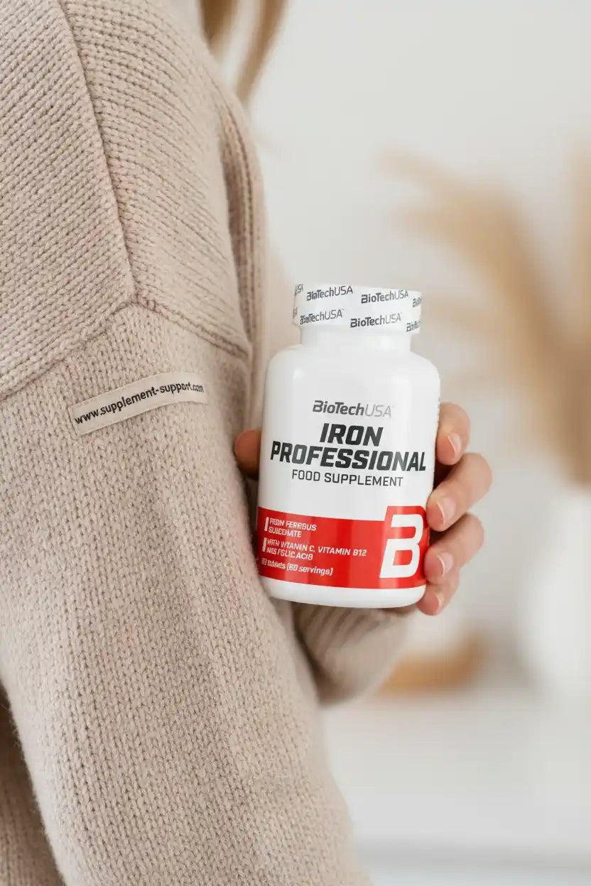 Frau hält BioTechUSA Iron Professional Eisen-Tabletten, Nahrungsergänzung mit Vitamin C und B12 für Sportler
