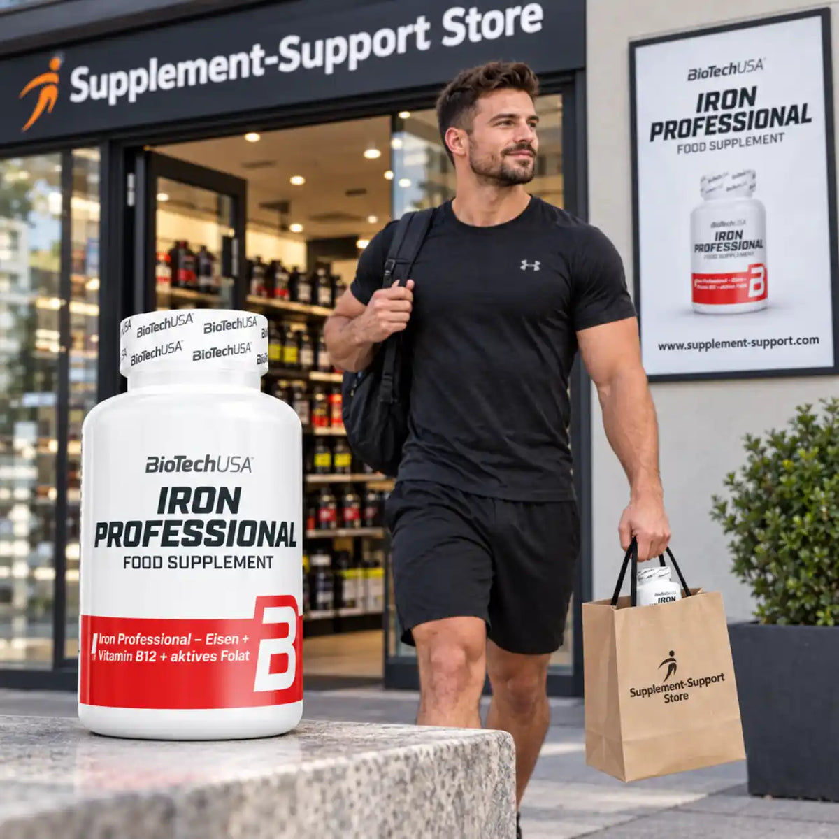 BioTech USA Iron Professional Nahrungsergänzungsmittel vor einem Supplement-Store mit Sportler.