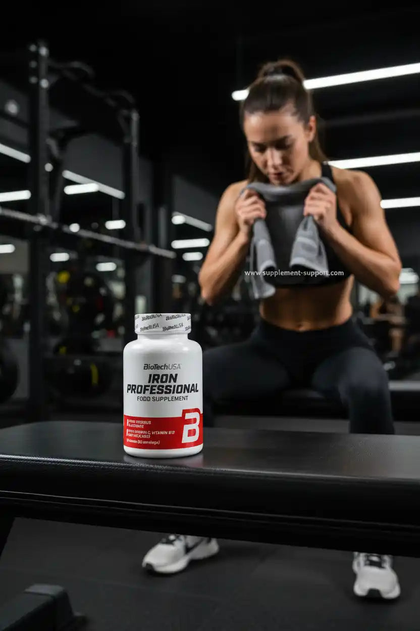 BioTechUSA Iron Professional Nahrungsergänzungsmittel im Fitnessstudio mit Sportlerin