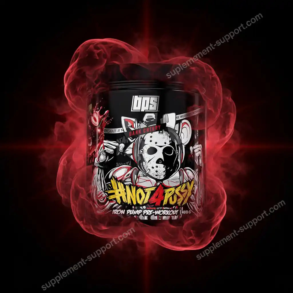 BPS Iron Pump Pre-Workout Nahrungsergänzung in Dark Cherry Geschmack auf rotem Hintergrund