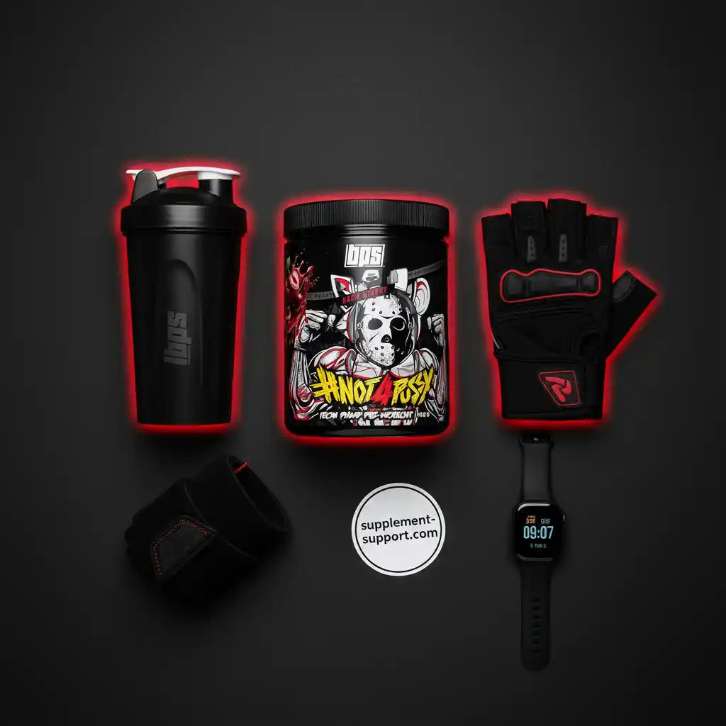 Fitness-Set mit schwarzem Protein-Shaker, Supplement-Dose, Trainingshandschuhen und Smartwatch.