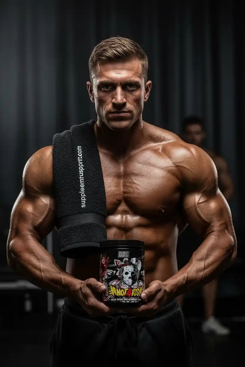 Muskulöser Bodybuilder hält eine Dose Not 4 Shy Sportnahrung in einem Fitnessstudio.
