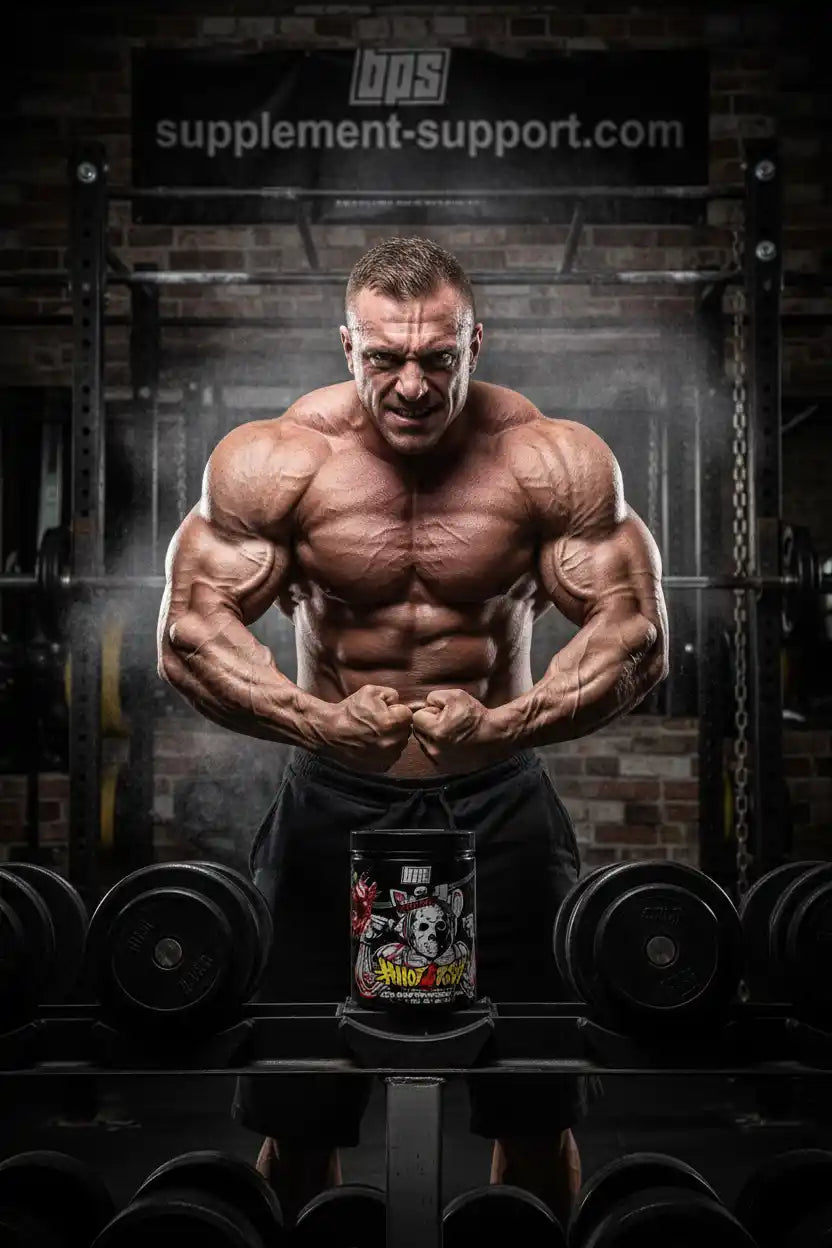 Muskulöser Bodybuilder im Fitnessstudio mit einer Dose Nahrungsergänzungsmittel.