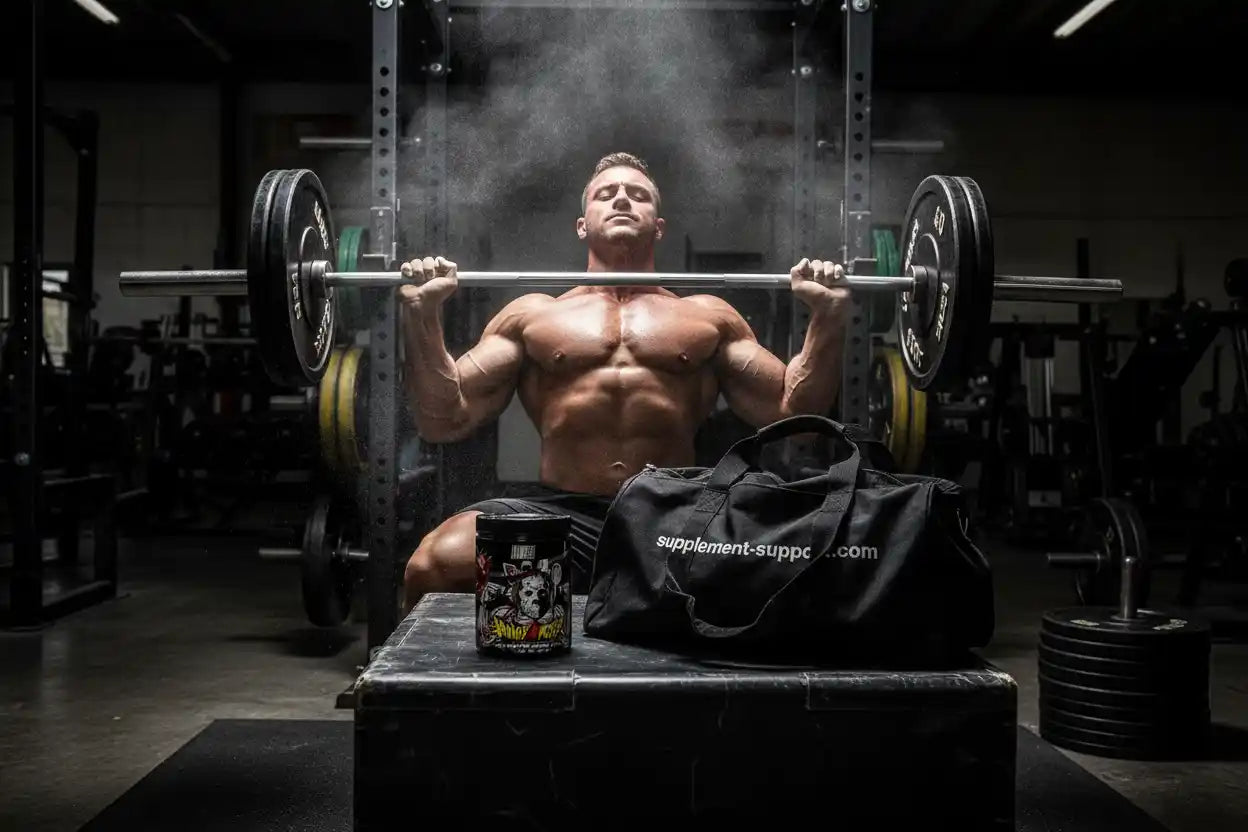 Muskulöser Mann beim Bankdrücken mit Supplement-Dose und Sporttasche im Fitnessstudio