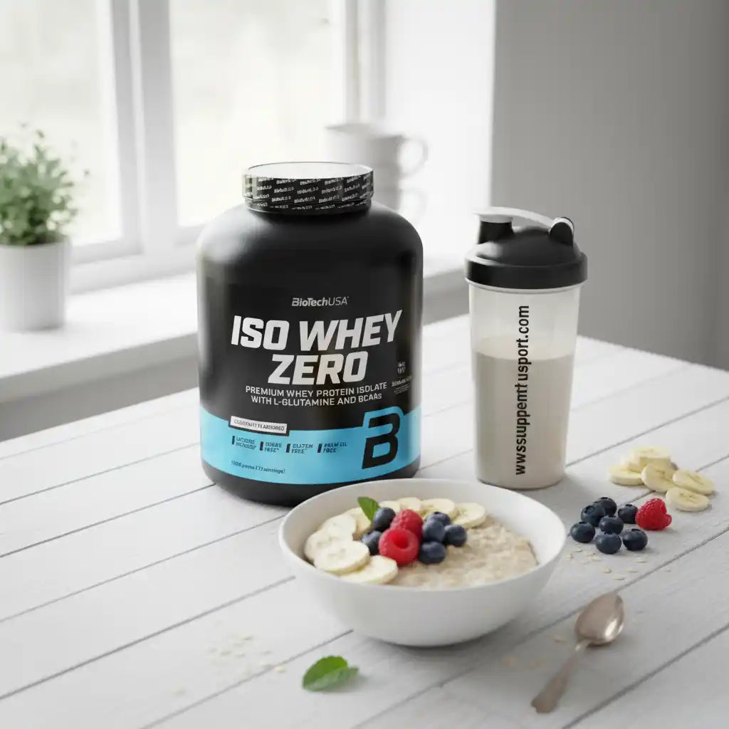 BiotechUSA Iso Whey Zero Molkenprotein Isolat mit einer Schüssel Haferflocken und Früchten.