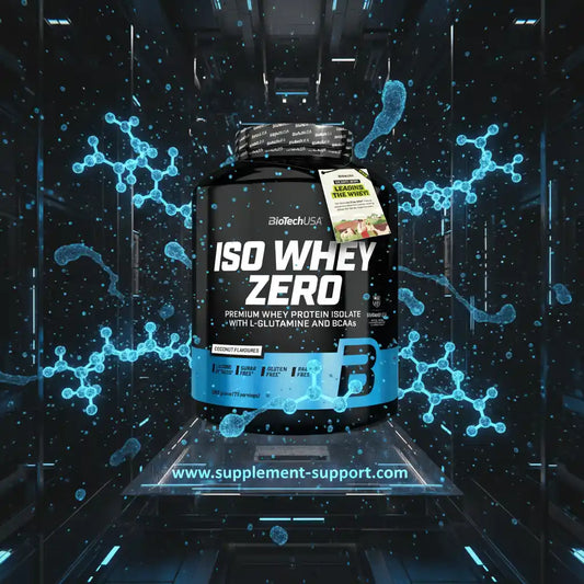 BiotechUSA Iso Whey Zero Whey Protein Isolat mit L-Glutamin und BCAAs in schwarzer Dose.