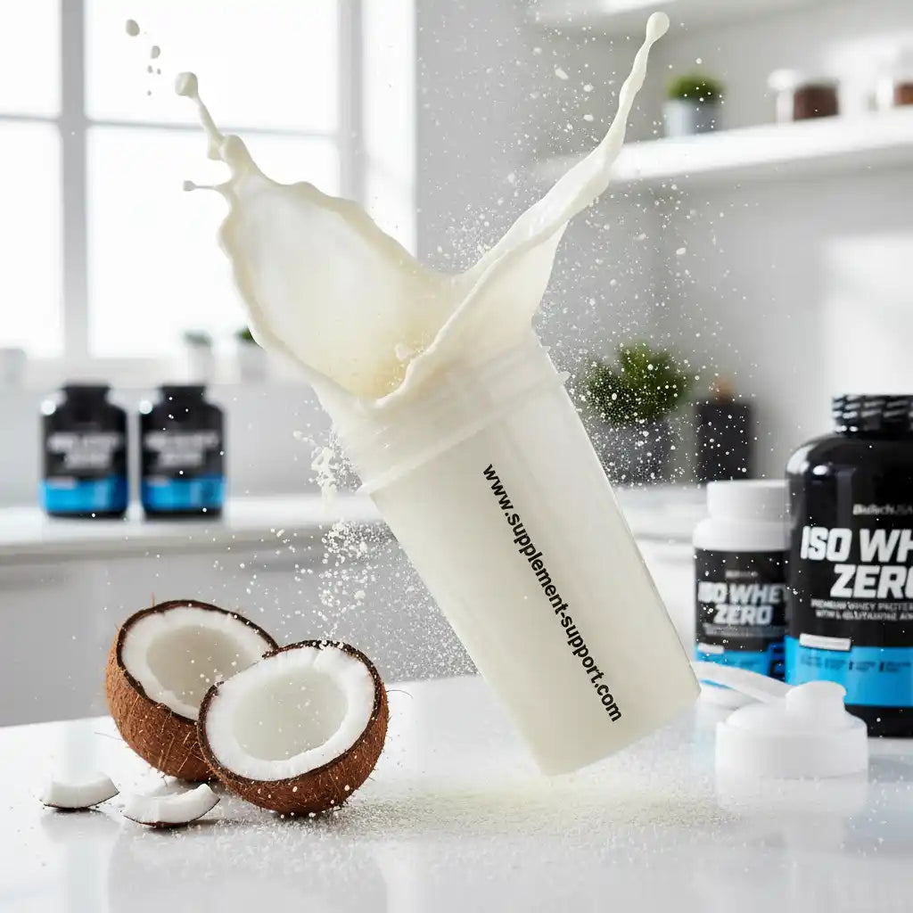Proteinshake mit Kokosnuss und Milchspritzer in einem Shaker für Sportler.