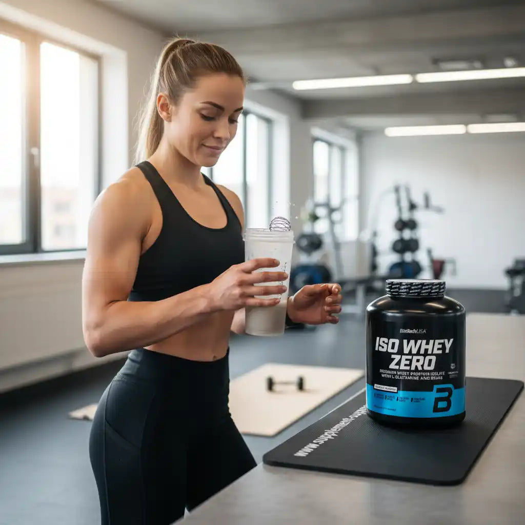 Sportliche Frau mischt Iso Whey Zero Proteinpulver in einem Shaker im Fitnessstudio.