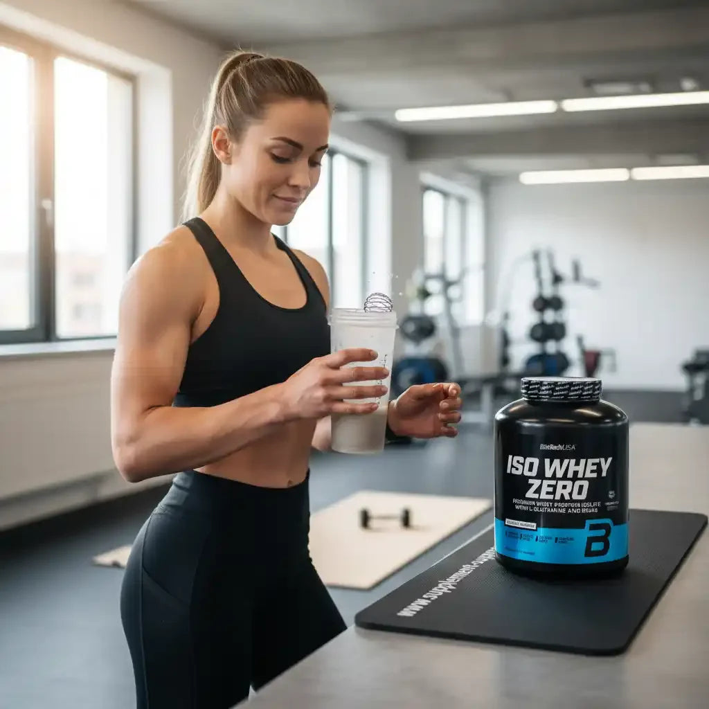 Sportliche Frau mischt Iso Whey Zero Proteinpulver in einem Shaker im Fitnessstudio.