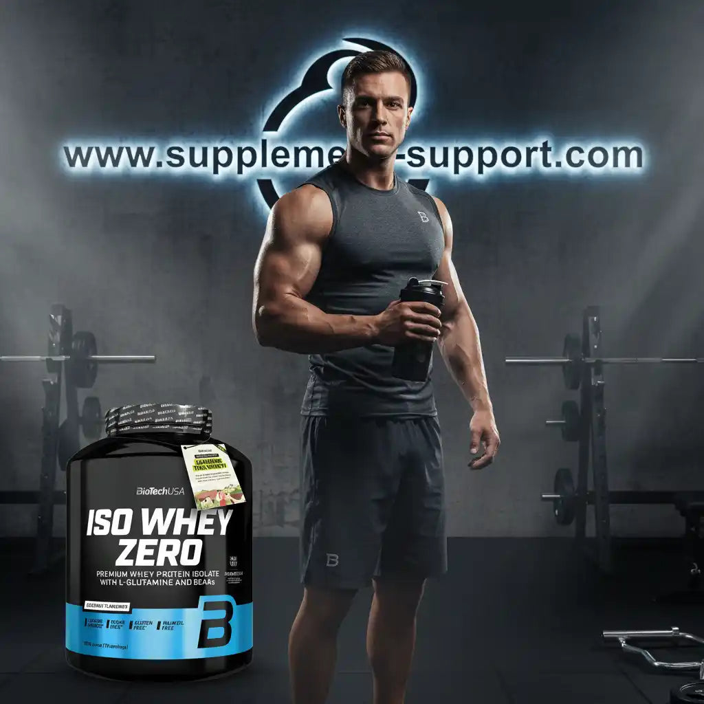 Muskulöser Mann im Fitnessstudio mit Biotech USA Iso Whey Zero Proteinpulver