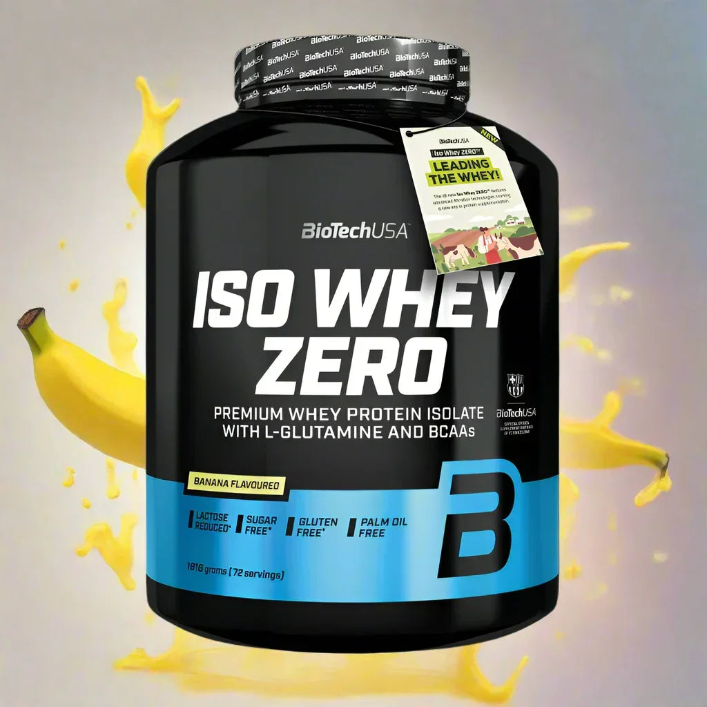 BioTechUSA Iso Whey Zero Whey Protein Isolat in Bananengeschmack vor gelbem Hintergrund