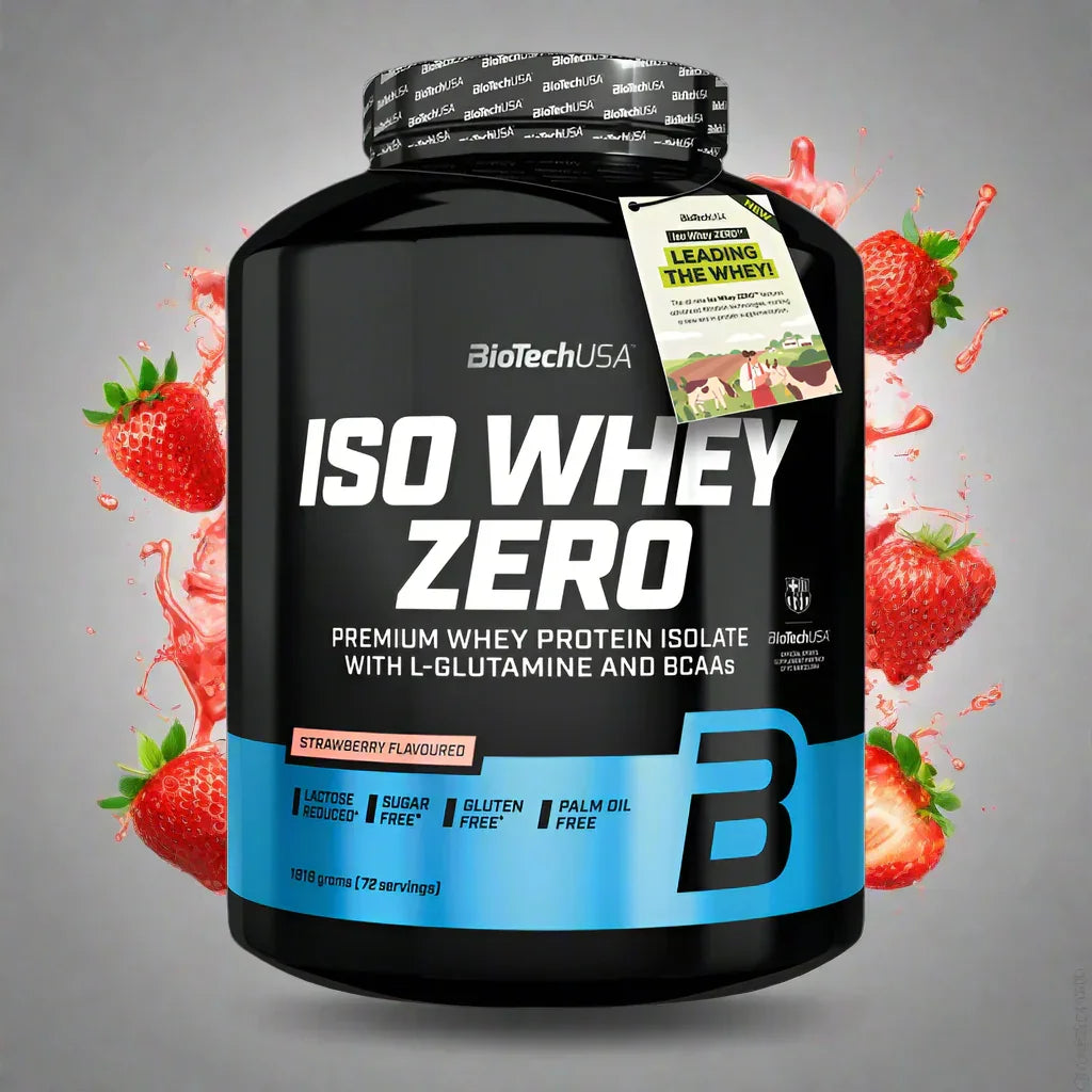 BioTechUSA ISO Whey Zero Erdbeer, Premium Whey Protein Isolat mit L-Glutamin und BCAAs