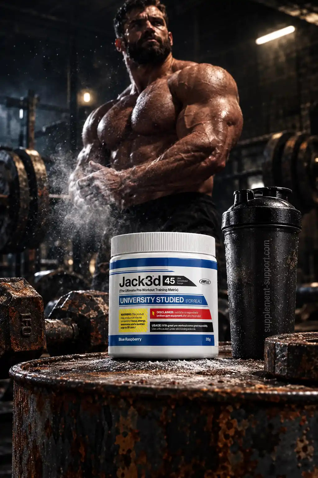 USP Labs Jack3d Advanced Pre-Workout Booster Dose vor einem muskulösen Bodybuilder im Fitnessstudio