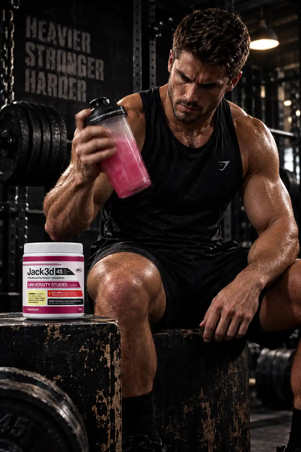 Muskulöser Mann im Gym mit USP Labs Jack3d Advanced Pre Workout Booster und Shaker.