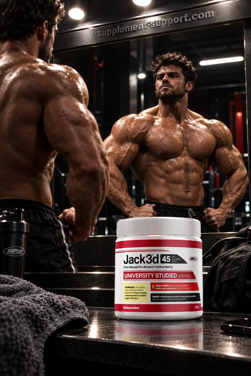 USP Labs Jack3d Pre-Workout Booster vor einem muskulösen Mann im Fitnessstudio