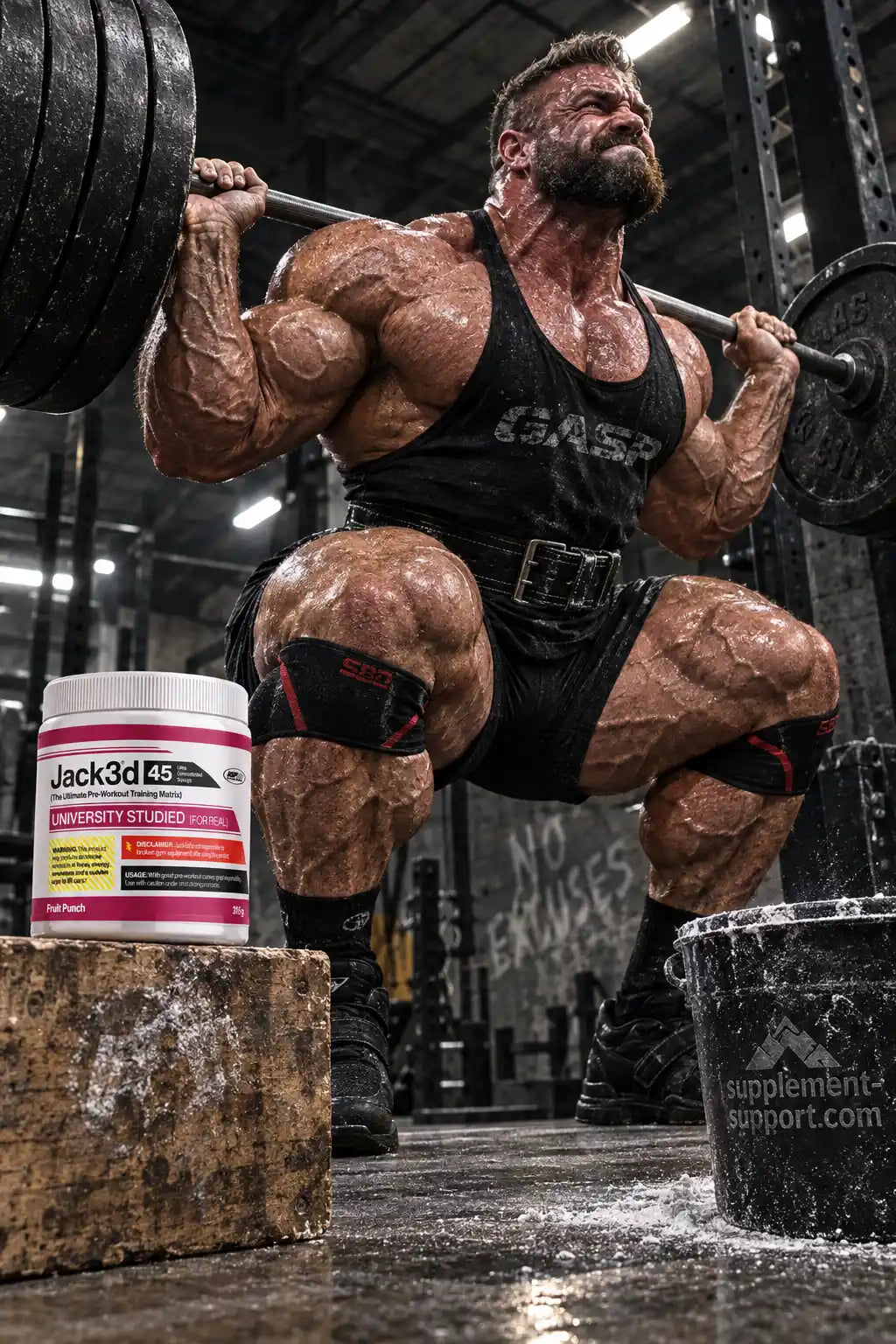 Muskulöser Bodybuilder beim Kniebeugen mit USP Labs Jack3d Pre-Workout Booster im Vordergrund.