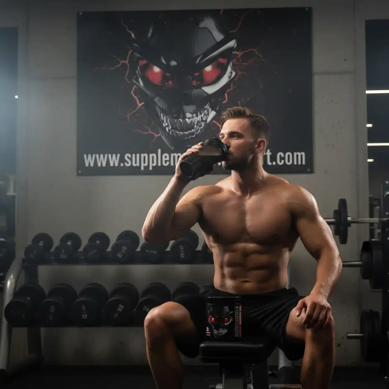 Muskelbepackter Mann trinkt Pre-Workout Booster im Fitnessstudio, Hanteln im Hintergrund.