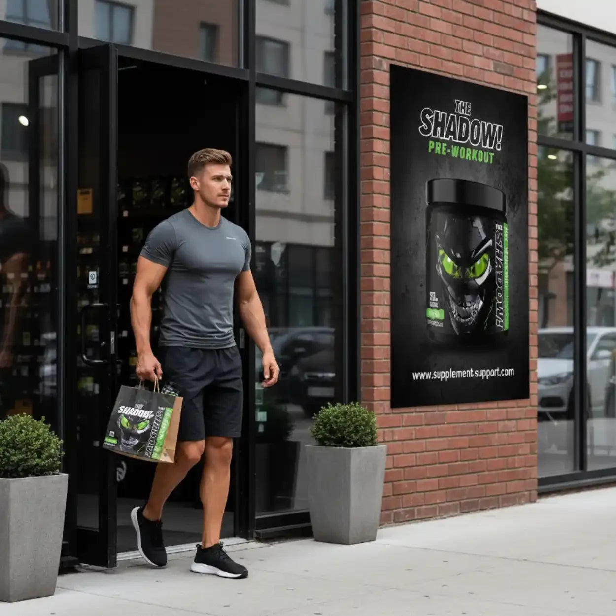 Sportlicher Mann verlässt Geschäft mit The Shadow Pre-Workout Booster Einkaufstüte, Plakat an Backsteinwand.