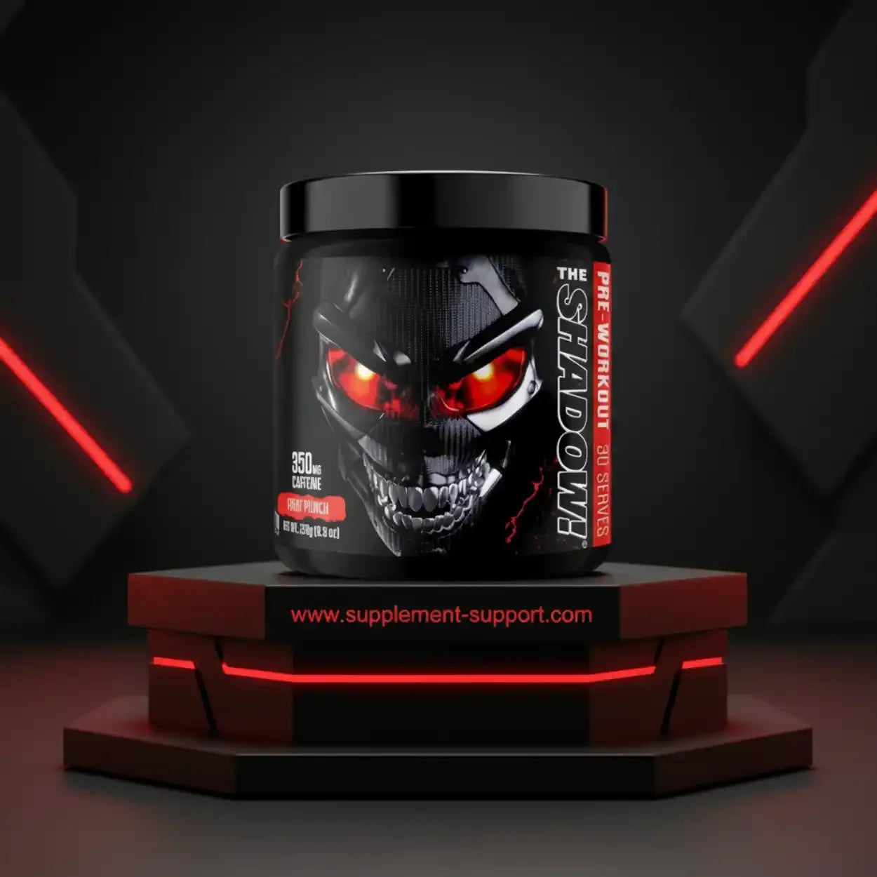 The Shadow Pre-Workout Booster, schwarze Dose mit Totenkopf-Design, Fitness Supplement