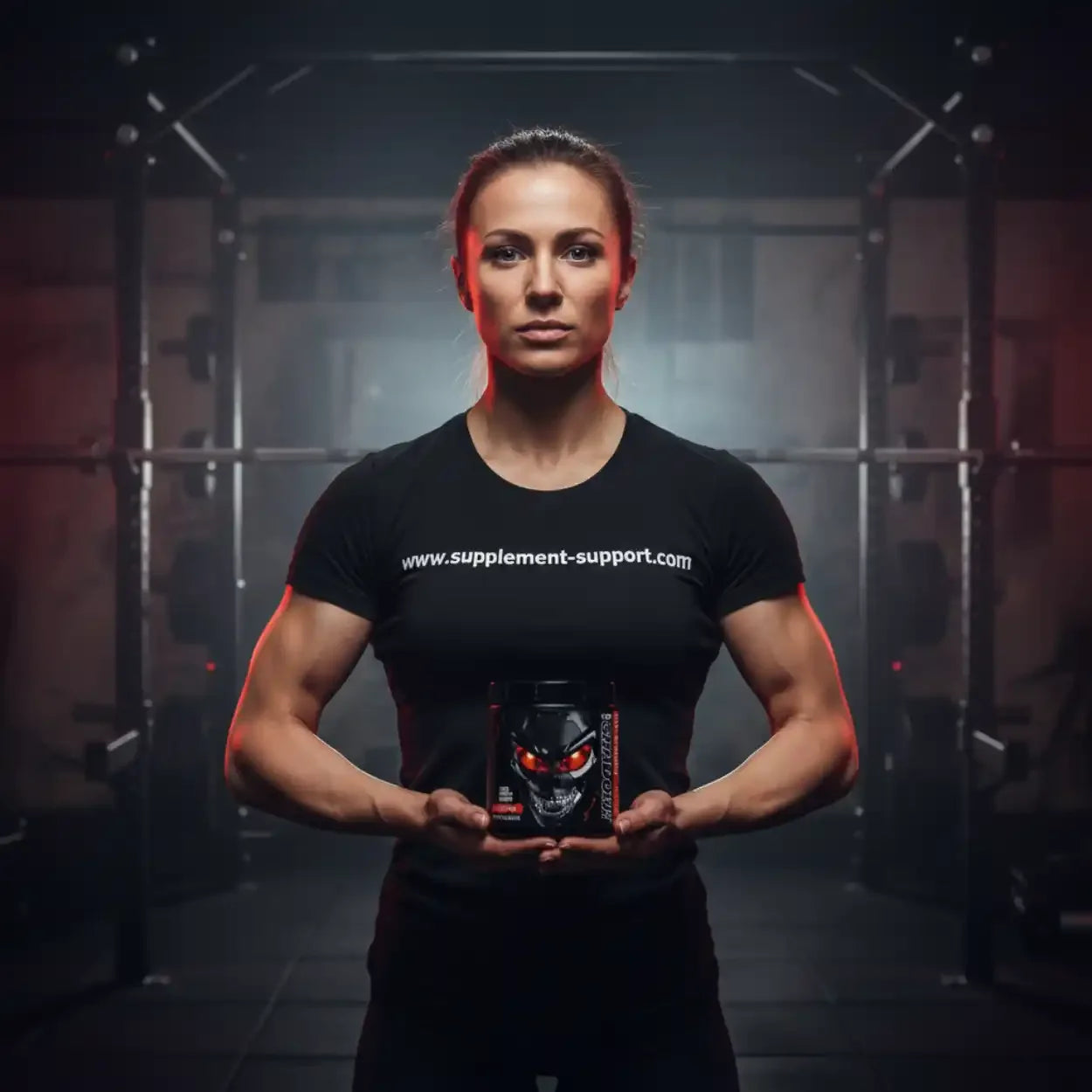 Sportliche Frau im Fitnessstudio hält Pre-Workout Booster mit auffälligem Totenkopf-Design