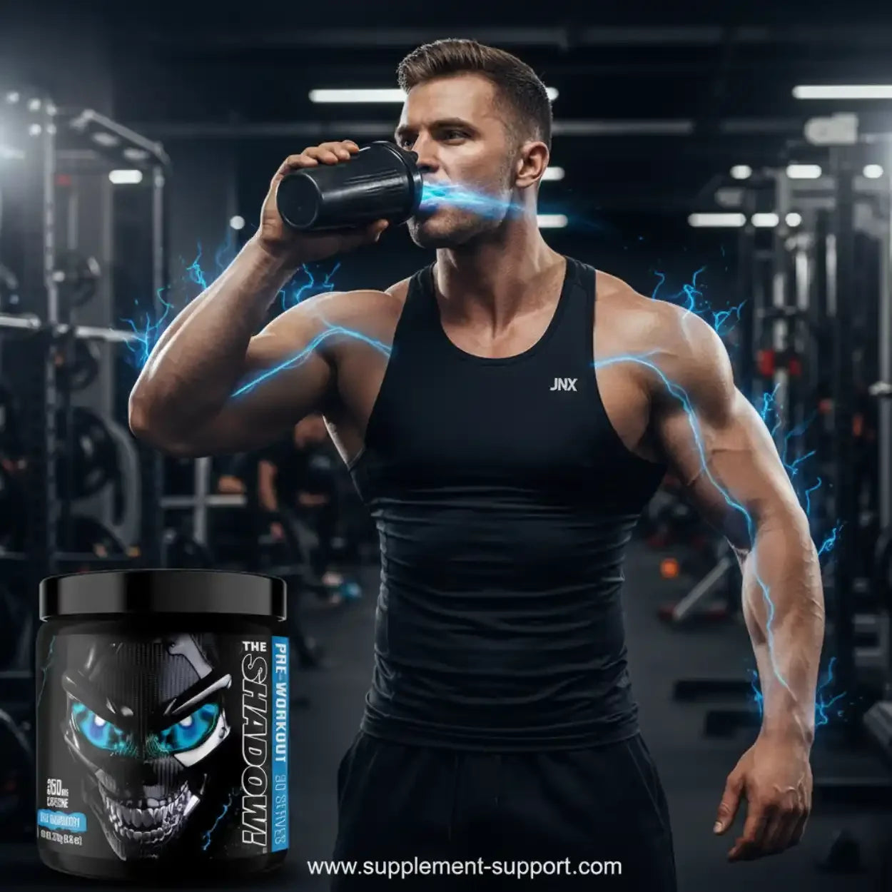 Fitnessstudio, muskulöser Mann trinkt Pre-Workout Booster, JNX The Shadow Pulver im Vordergrund