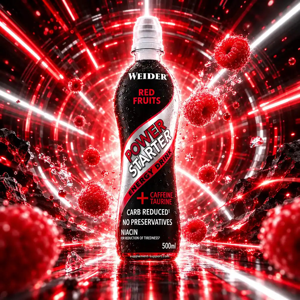 WEIDER Power Starter Energy Drink Red Fruits 500ml Flasche vor dynamischem roten Hintergrund