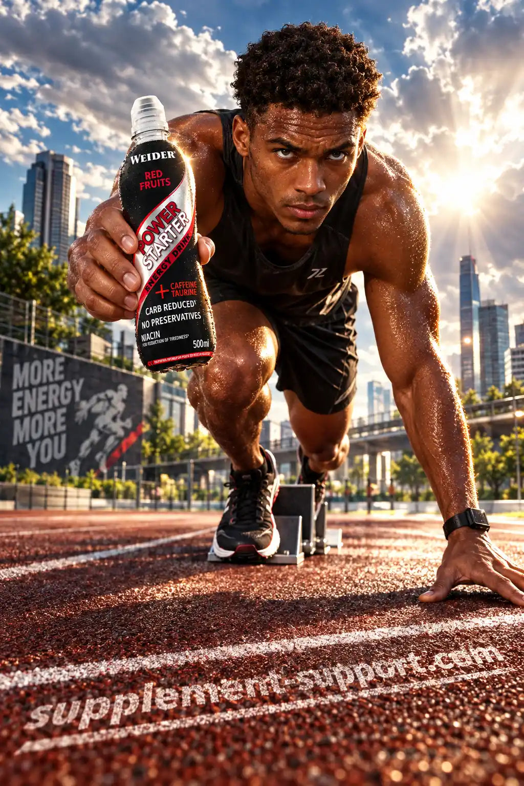 Athlet in Startposition auf Laufbahn hält Weider Power Starter Energy Drink Red Fruits.