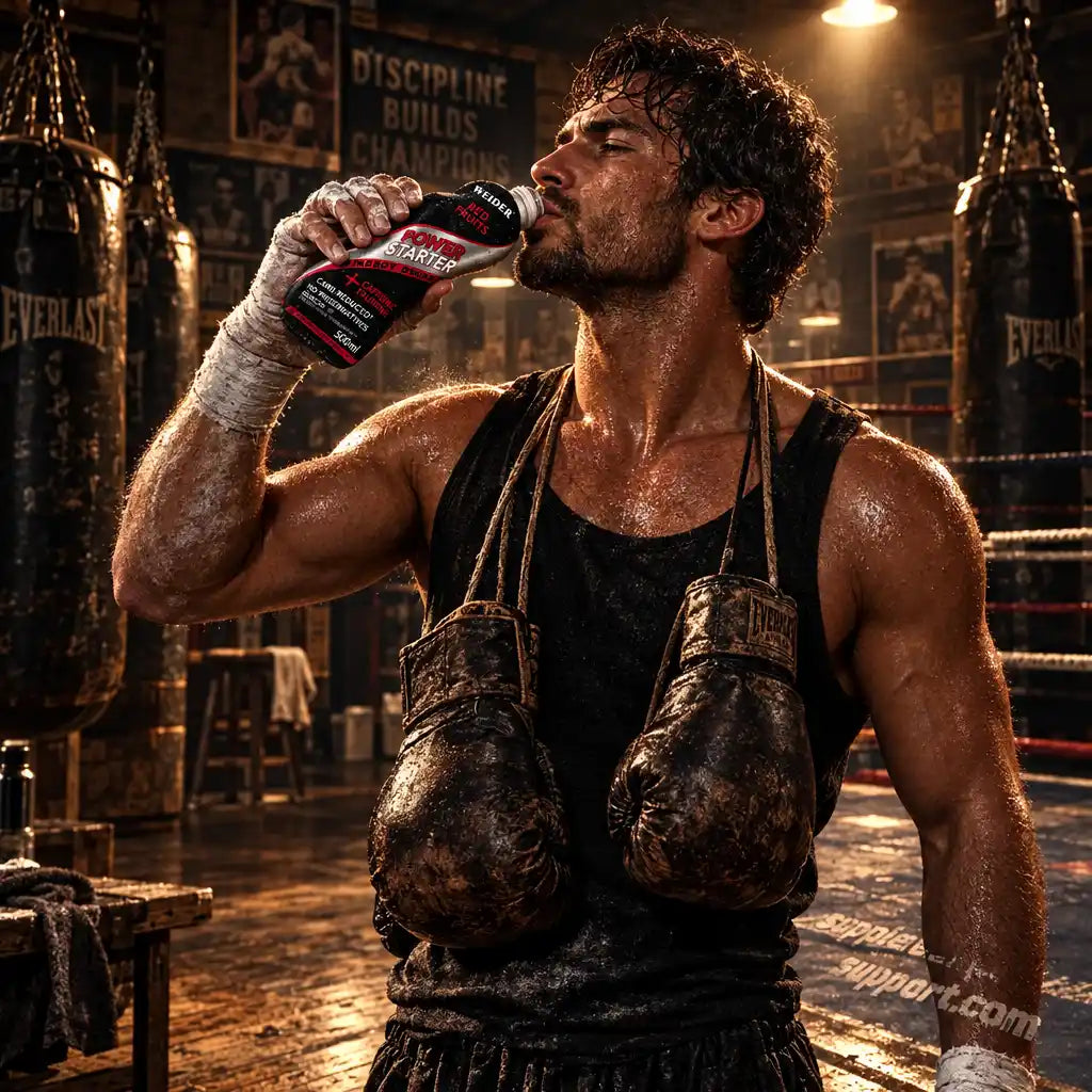 Verschwitzter Boxer im Gym trinkt WEIDER Power Starter Energy Red Fruits.