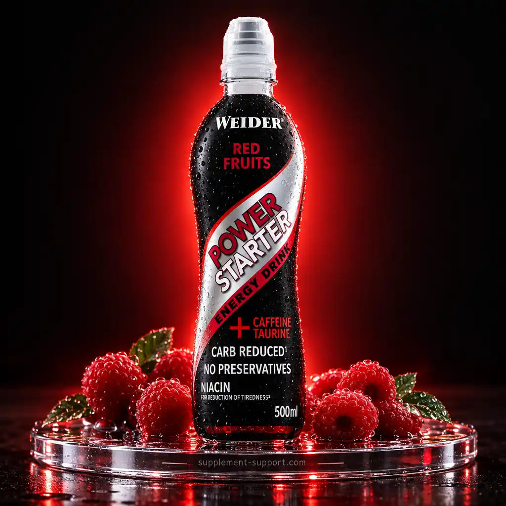 WEIDER Power Starter Energy Drink Red Fruits 500ml Flasche mit frischen Himbeeren