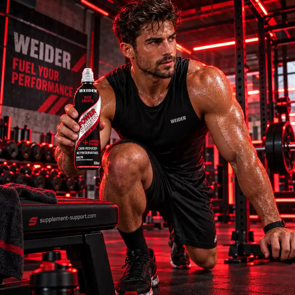 Muskulöser Mann im Fitnessstudio mit WEIDER Power Starter Energy Drink Red Fruits.