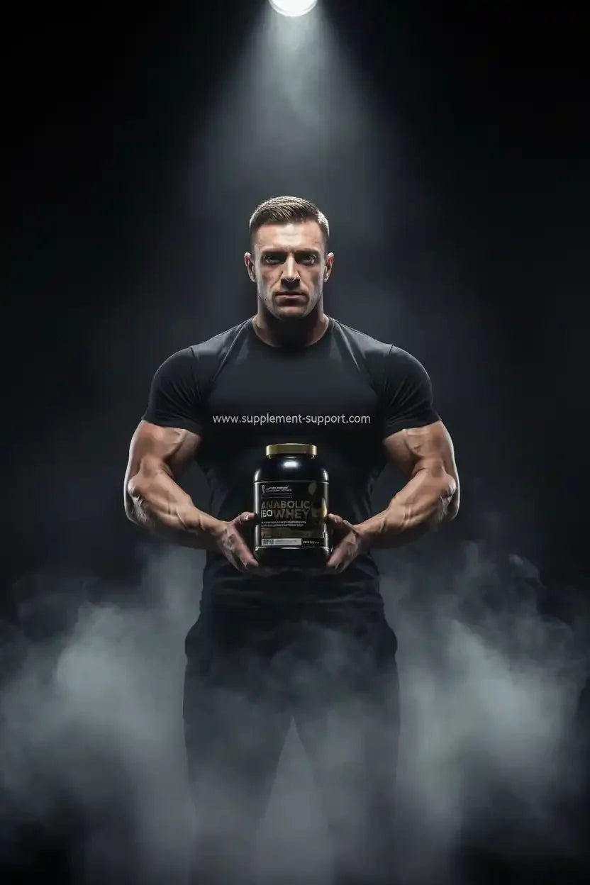 Muskulöser Athlet hält Anabolic Iso Whey Protein – ideal für Fitness, Muskelaufbau & Sportler aus Berlin