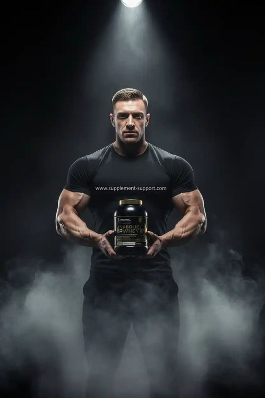 Muskulöser Athlet hält Anabolic Iso Whey Protein – ideal für Fitness, Muskelaufbau & Sportler aus Berlin