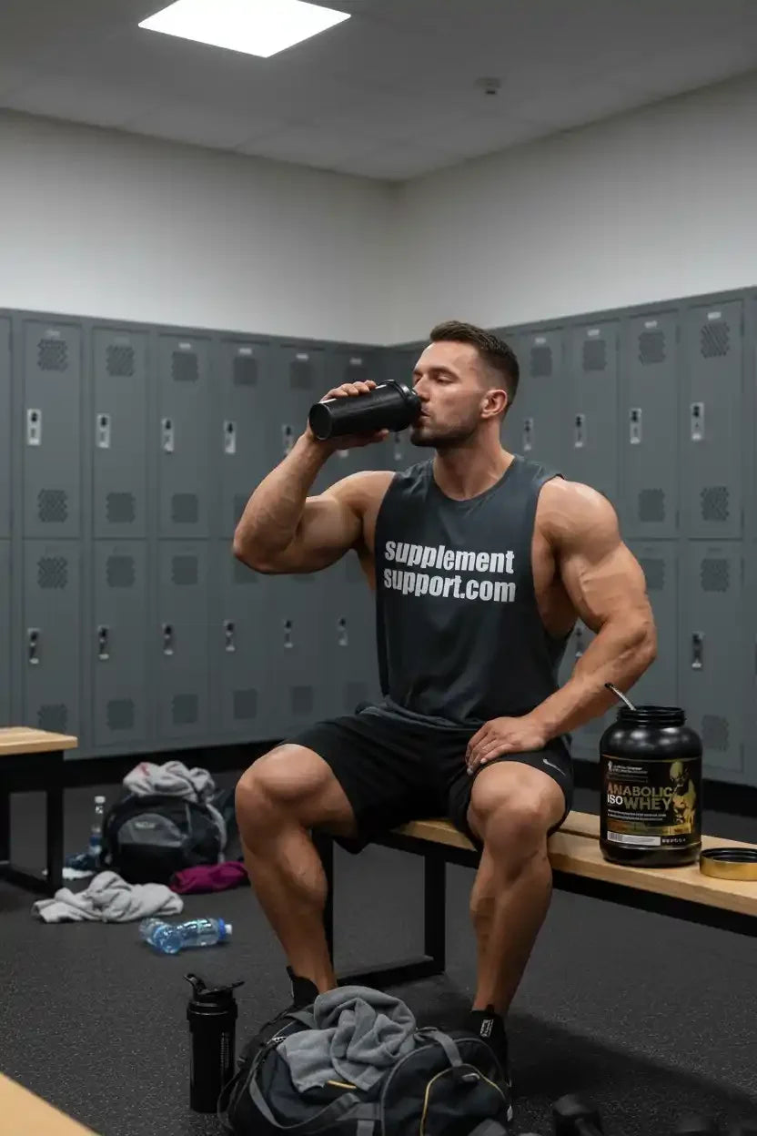 Muskulöser Athlet trinkt Proteinshake im Fitnessstudio, neben ihm Anabolic Iso Whey