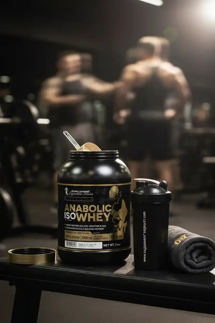 Anabolic IsoWhey Protein in Gym mit Shaker und Handtuch für Fitness & Muskelaufbau