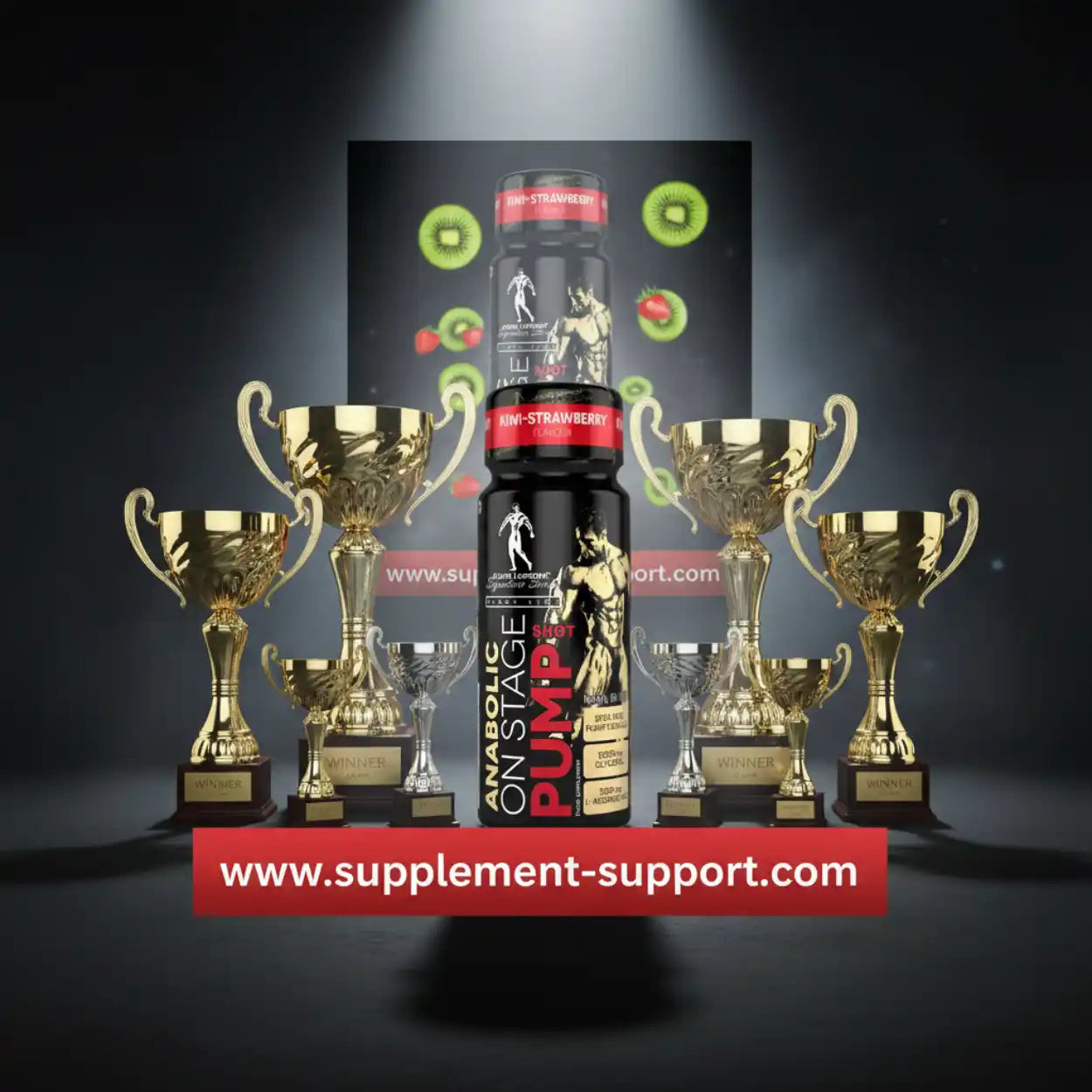 Fitness Supplement Shot vor Trophäen mit Kiwi- und Erdbeer-Motiv, Bodybuilding Produkt.