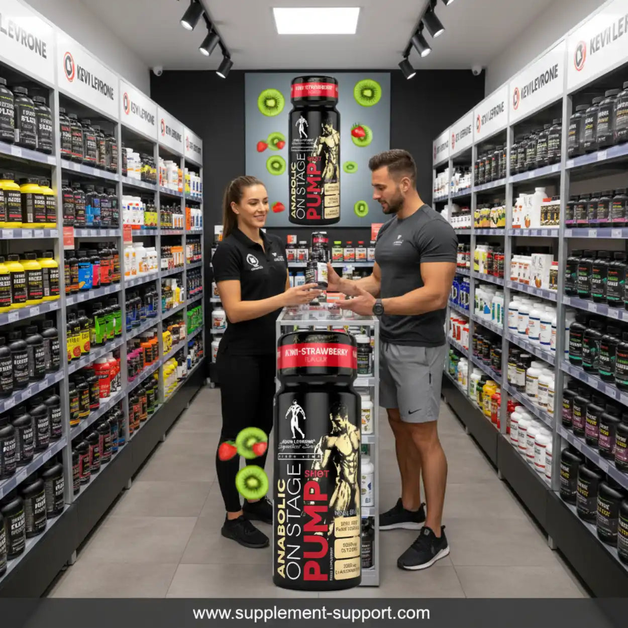 Fitness-Shop mit Regalen voller Sportnahrung, zwei Personen und Anabolic Pump Shot Kiwi-Erdbeer.
