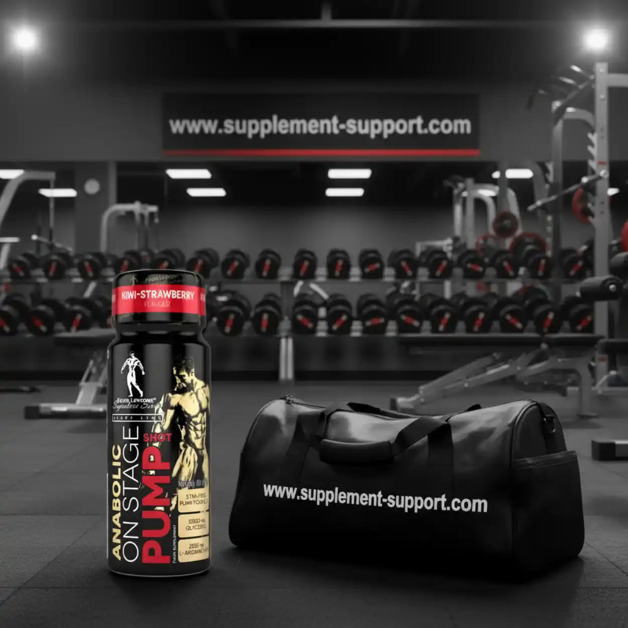 Anabolic On Stage Pump Shot in Kiwi-Strawberry Geschmack und Sporttasche im Fitnessstudio