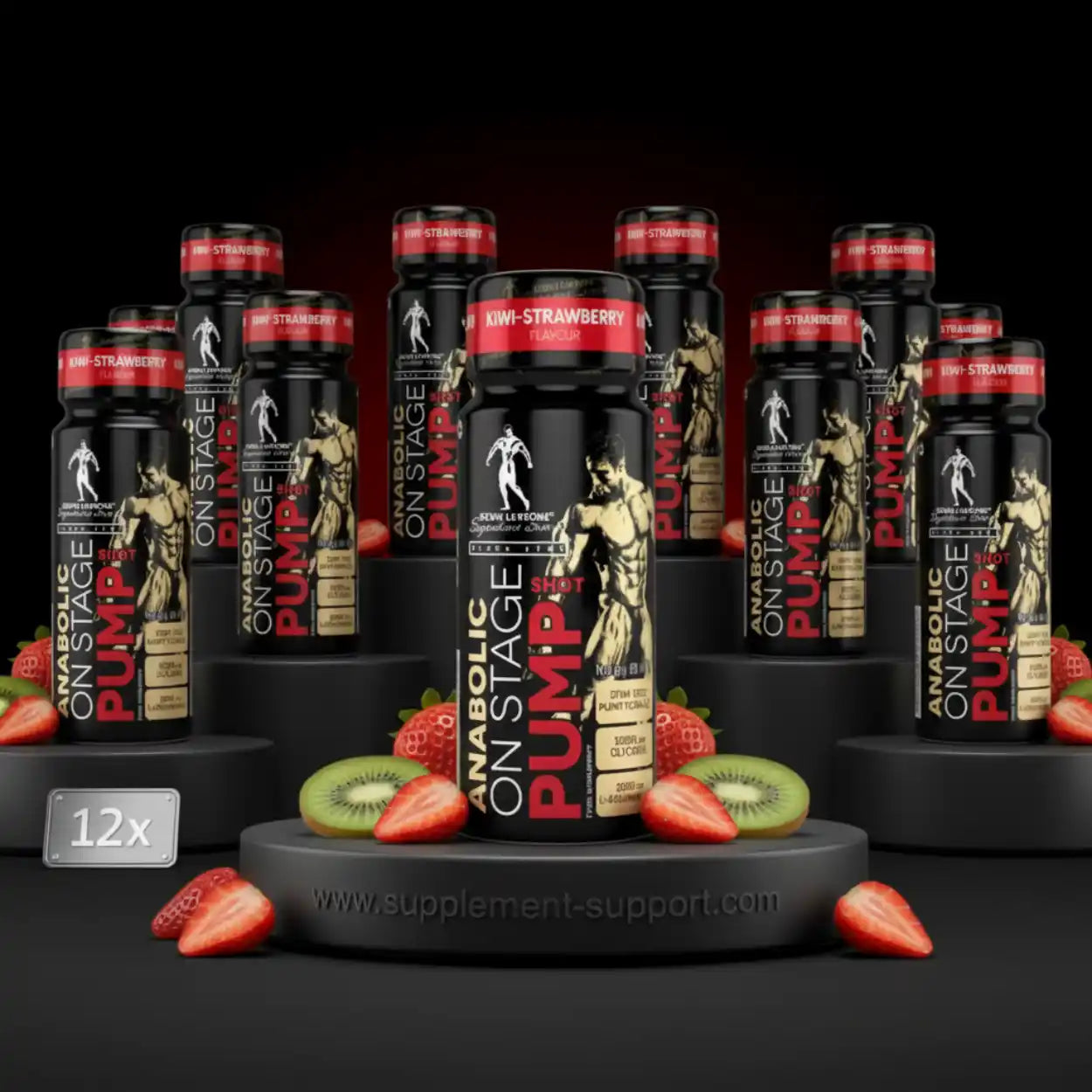 Mehrere Anabolic On Stage Pump Shots in schwarzer Flasche mit Kiwi-Erdbeer-Geschmack, dekoriert mit frischen Kiwis und Erdbeeren.