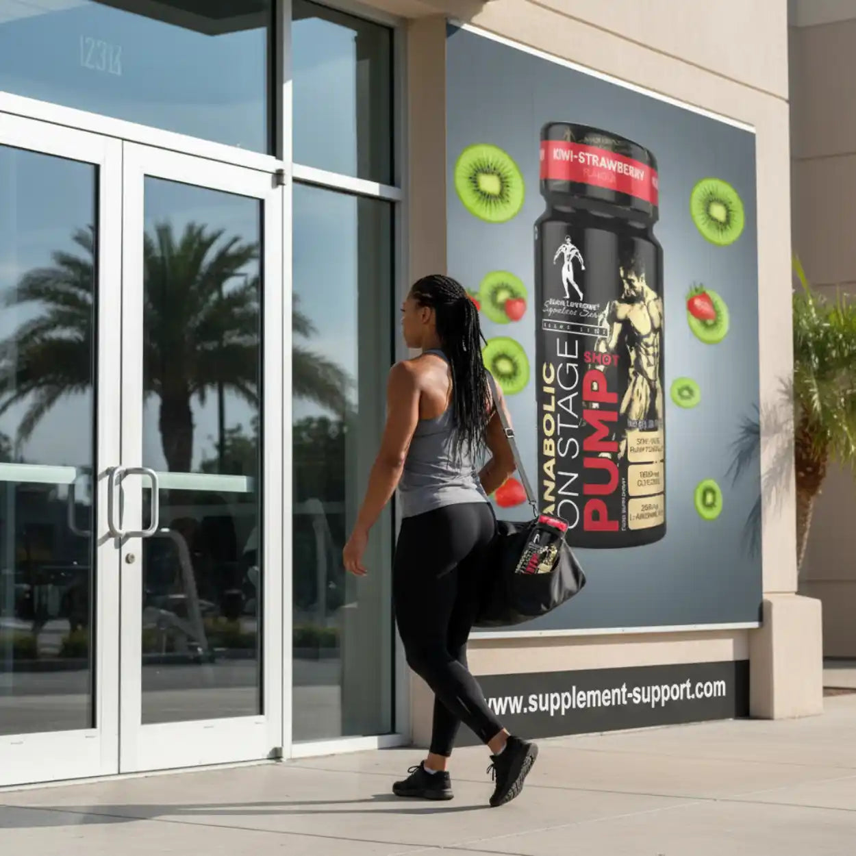 Sportlerin im Fitness-Outfit betritt Gebäude mit Werbeplakat für Anabolic On Stage Pump Shot