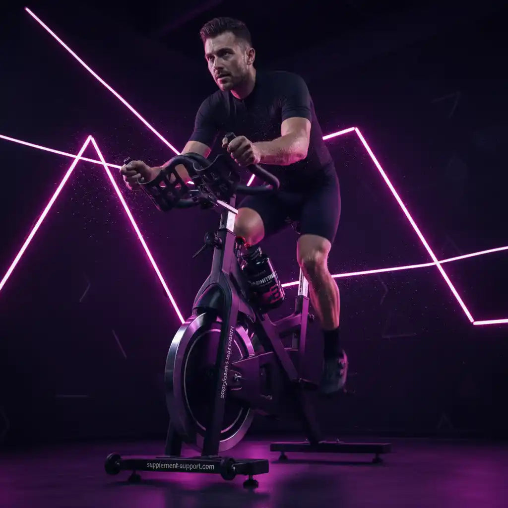 Mann trainiert auf Indoor-Cycling-Bike mit Neonlichtern, ideal für Fitness und Sportnahrung