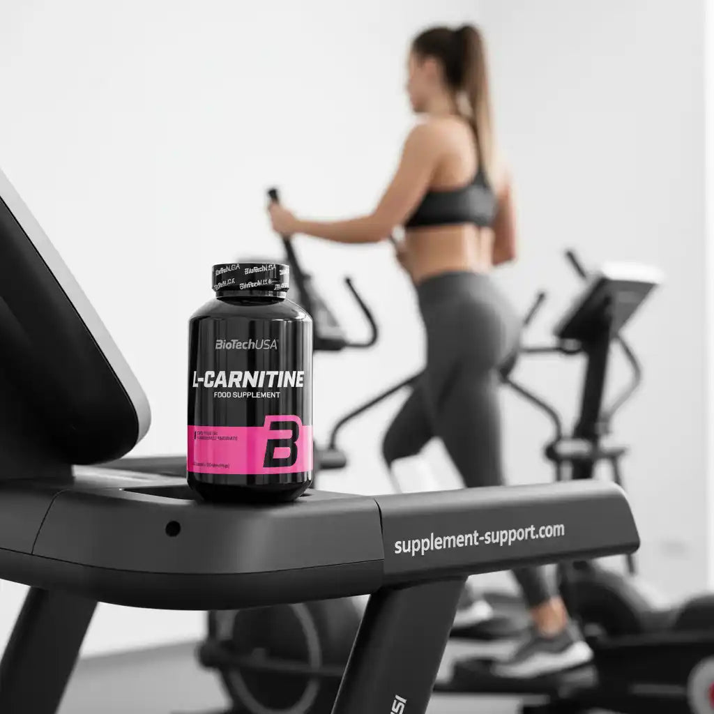 L-Carnitin Nahrungsergänzungsmittel auf Fitnessgerät mit Sportlerin im Hintergrund