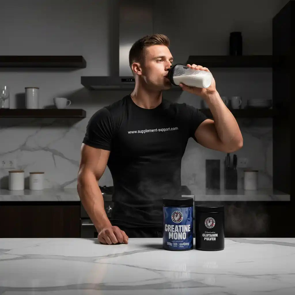 Muskulöser Mann trinkt Proteinshake neben Dosen mit Creatin Mono und Glutamin Pulver.