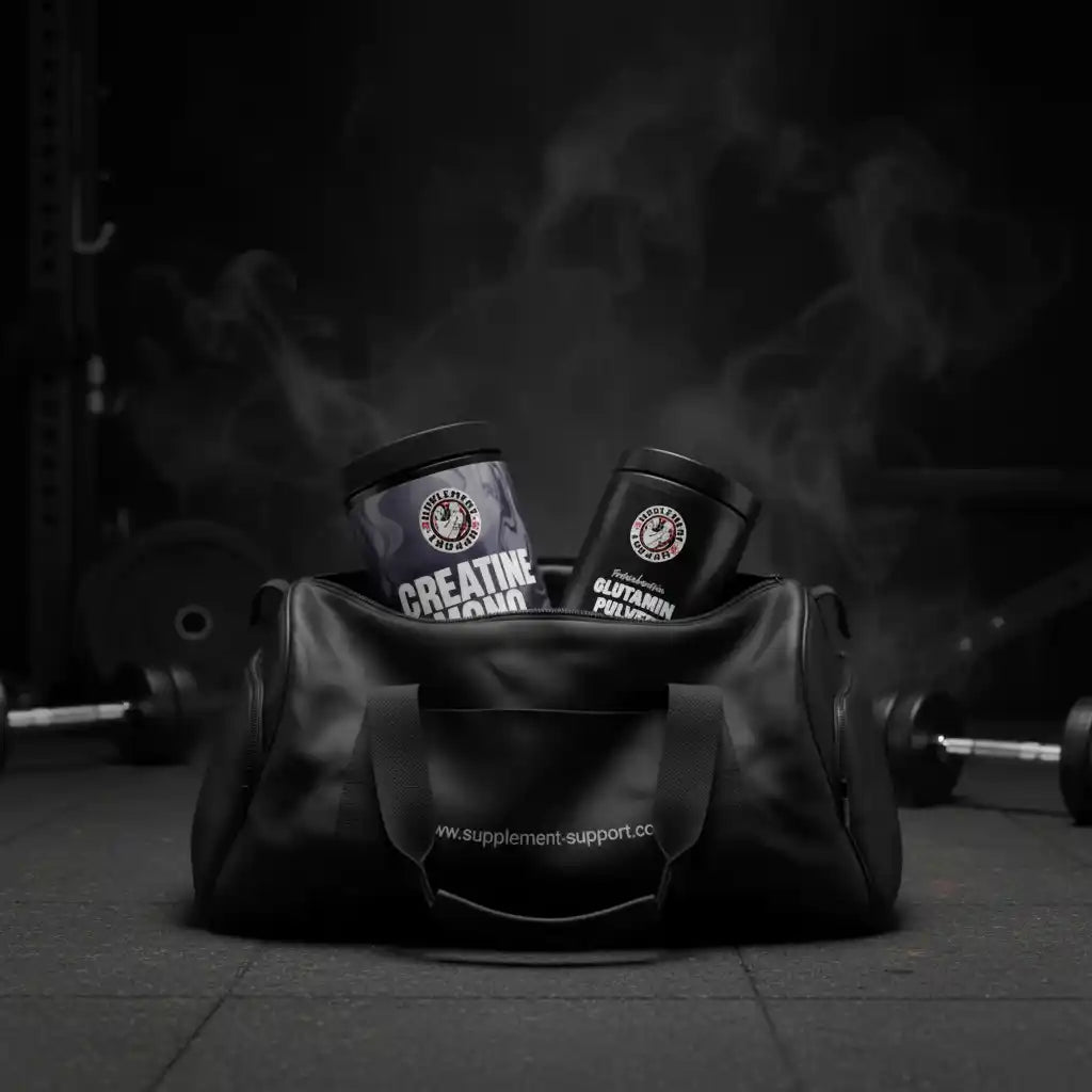 Zwei Dosen mit Creatin und Glutamin-Pulver in einer schwarzen Sporttasche im Fitnessstudio.