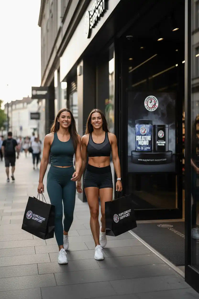 Zwei Frauen in Sportkleidung tragen Einkaufstüten vor einem Supplement-Support Geschäft.
