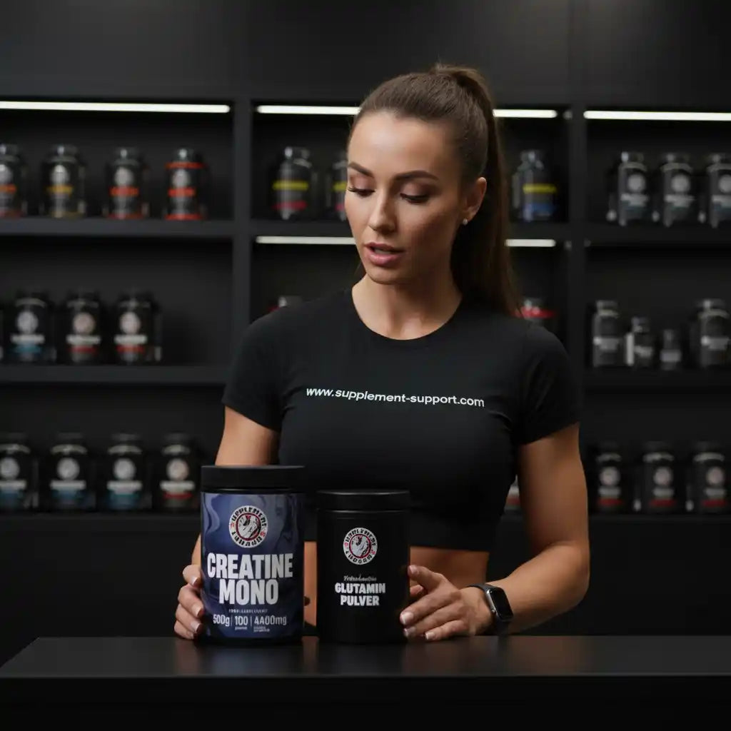 Frau präsentiert Creatine Mono und Glutamin Pulver vor einem Regal mit Sportnahrung.
